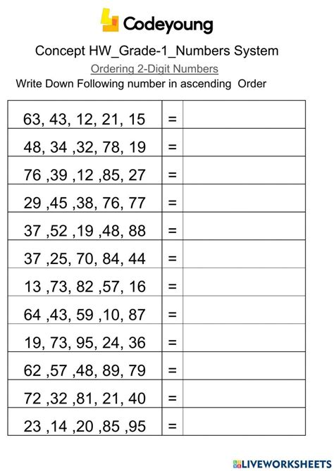 Ordering Digit Numbers Concept Hw Worksheet Live Worksheets