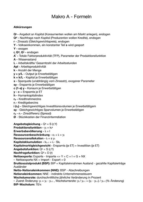 Makro Formeln Makro A Formeln Abkürzungen Qs Angebot an Kapital