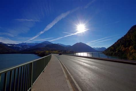 Wallpaper Bridge Sun Lake Mountains Alps Germany Bayern