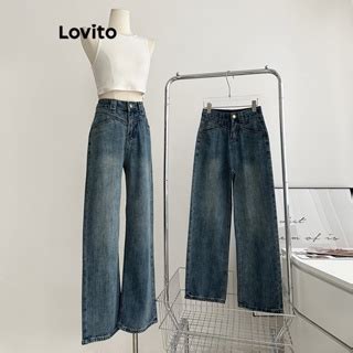 Lovito Casual Plain Structure Line Washed Fabric Stitching Jeans For