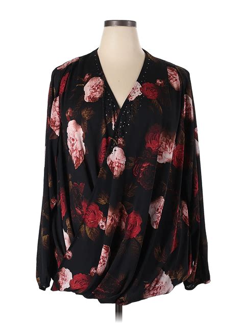 Lane Bryant 100 Polyester Floral Black Long Sleeve Blouse Size 26 28