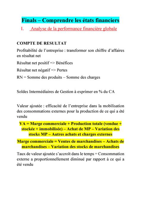 Fiche de synthèse Comprendre les Etats Financiers S1 L3 Finals