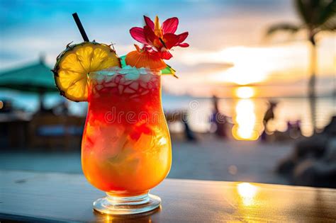 A Close Up Shot Of A Colorful Tropical Cocktail On A Beachside Bar