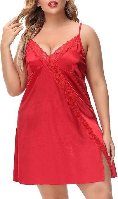 Aranmei Women Lingerie Plus Size Sexy Chemise V Neck Satin Lace