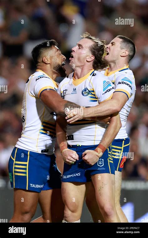 Clint Gutherson Of The Eels Celebrates A Try During The NRL Round 3