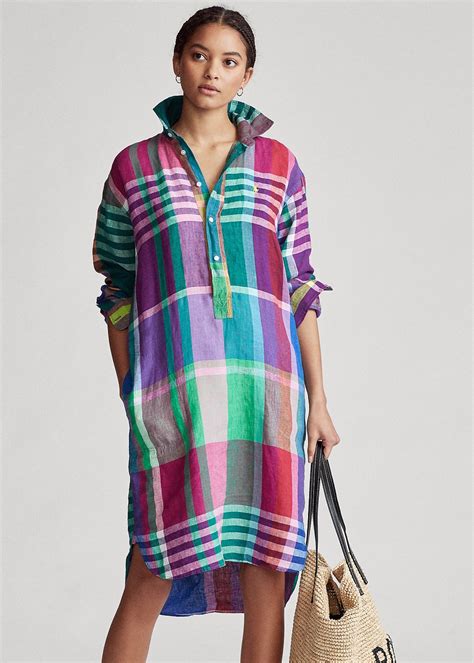 Polo Ralph Lauren Robe En Lin Madras Vert Violet Multi Robe Ralph