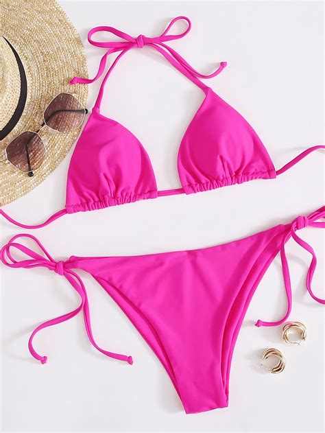 Shein Swim Vcay Conjunto De Bikini Unicolor Sujetador Triangular Y