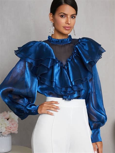 Shein Layered Exaggerate Ruffle Trim Lantern Sleeve Sheer Top High