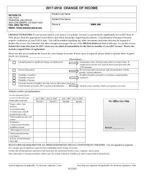 Fillable Online Financialaid Calpoly 2017 2018 CHANGE OF INCOME Cal