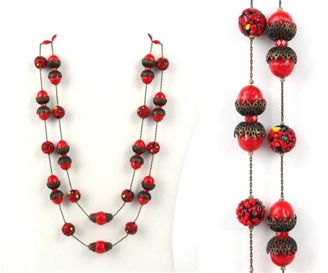 Alice Caviness C1940s Bronze Red Confetti Bead Double Chain Necklace