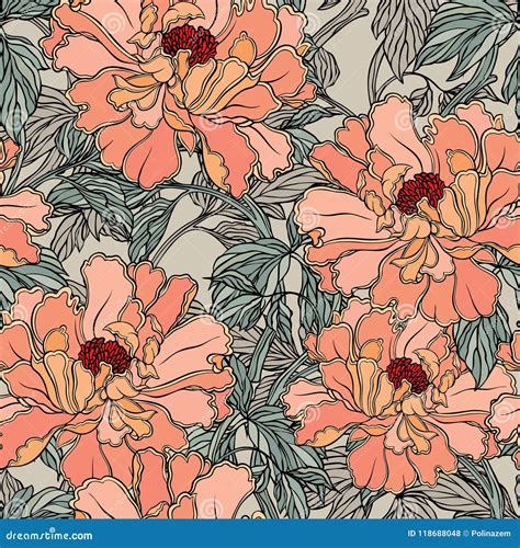 Pattern With Poppy Peonies Or Roses Flowers Stock Illustration