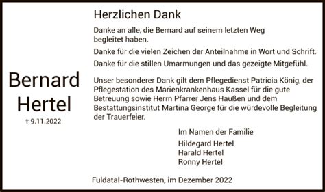 Traueranzeigen Von Bernard Hertel Trauer Hna De