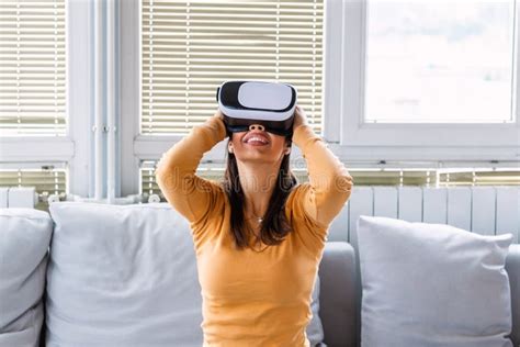 Woman With Virtual Reality Glasses Smiling Young Woman Using Vr