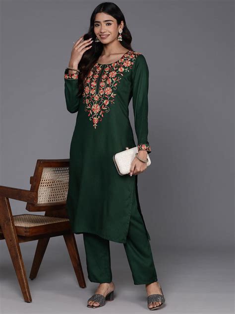 Buy Green Yoke Design Wool Blend Straight Kurta Set Online At Rs 1499