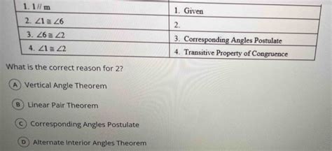 What is the correct reason for 2? A Vertical Angle Theorem B Linear ...