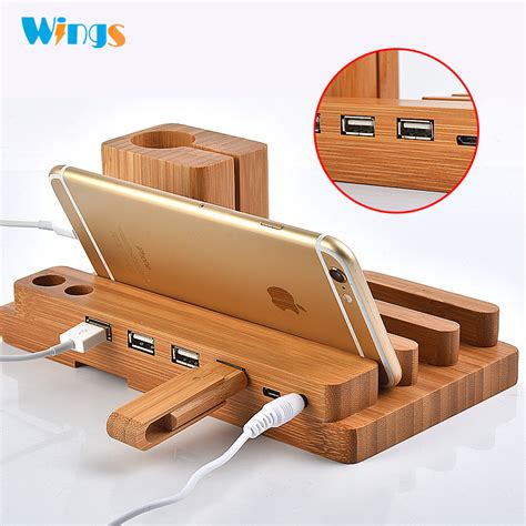 Wings Ports Wooden Charging Dock Station Holder Bamboo Desk Organizer