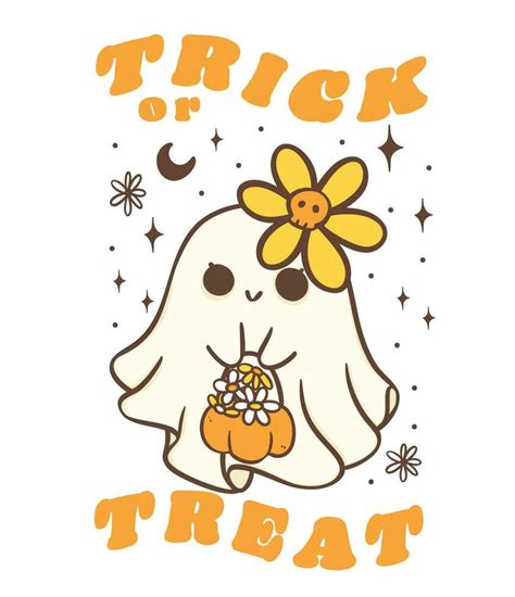 Cute Halloween Shy Ghost With Daisy Flower Kawaii Retro Floral Spooky