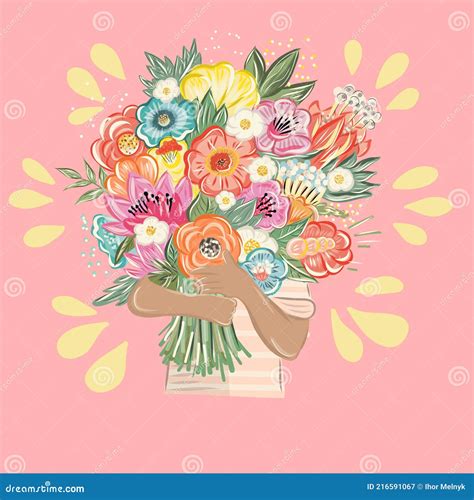 Bouquet Of Flowers In Hands Stock Vector Illustration Of Birthday Holiday 216591067