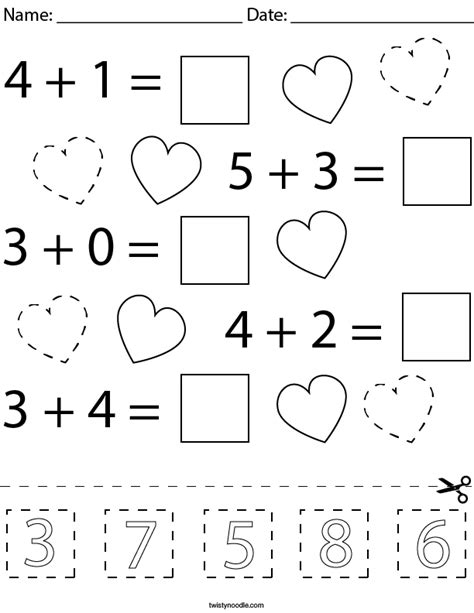 Valentines Day Addition Cut And Paste Math Worksheet Twisty Noodle