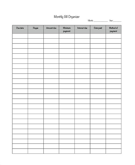 Organic Monthly Bill Organizer Printable Bill Organizer DocTemplates