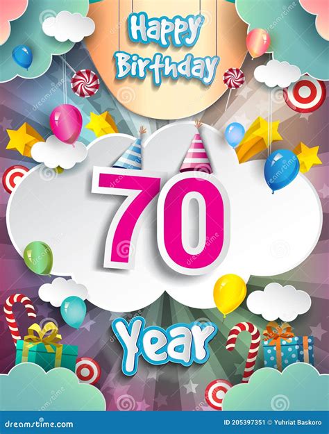 70th Birthday Celebration Greeting Card Design With Clouds And