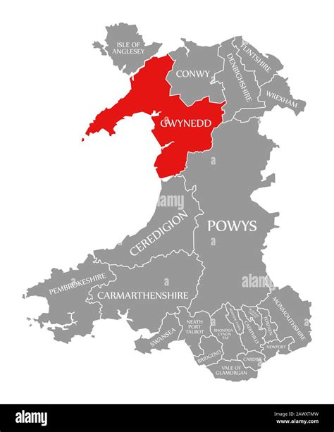 Gwynedd red highlighted in map of Wales Stock Photo - Alamy