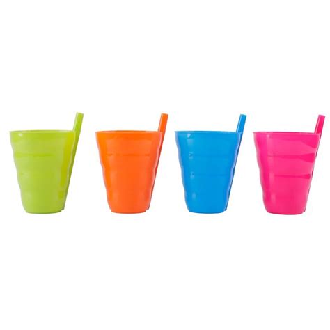 Basicwise 10 Oz Reusable Plastic Cups With Straw Blue Pink Green And Orange Set Of 4 The