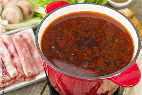 Szechuan Hot Pot - Spicy Chinese hot pot meal. Stock Photo | Adobe Stock