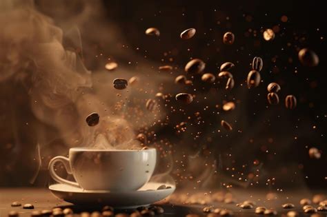 Premium Photo | Coffee cup and coffee beans with steam on brown background