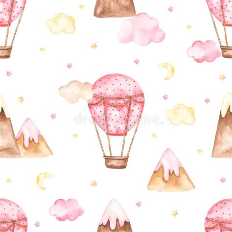 Watercolor Seamless Pattern With Pink Hot Air Balloons Clouds Mountains Stars For A Girl
