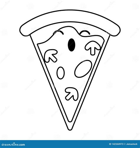 Pizza Fast Food Kawaii Cartoon In Black And White Stock Vector