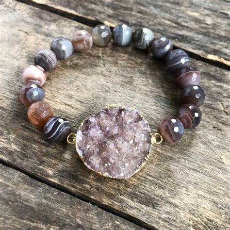 Druzy Bracelet Druzy Quartz Botswana Agate Beaded Stretch Wrap Etsy