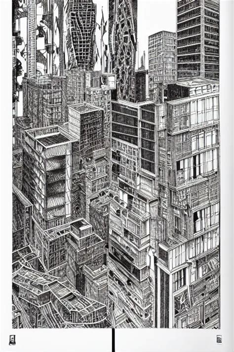 A Black And White Drawing Of A Building Cityscape A Stable