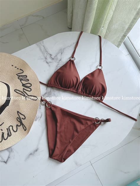 Set bikini basic phối phụ kiện khoen to sang chảnh màu đen nâu Shopee Việt Nam