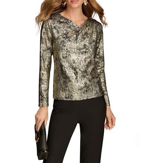 Donna Karan Foil Printed V Neck Pleat Shoulder Long Sleeve Top Dillards