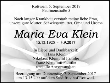 Traueranzeigen von Maria Eva Klein Schwarzwälder Bote Trauer