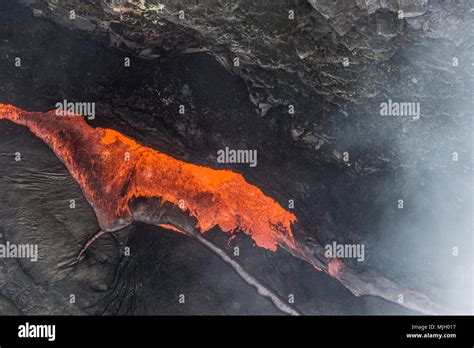 Aerial View Of The Lava Inside Puu Oo Crater Vent Of Kilauea Volcano