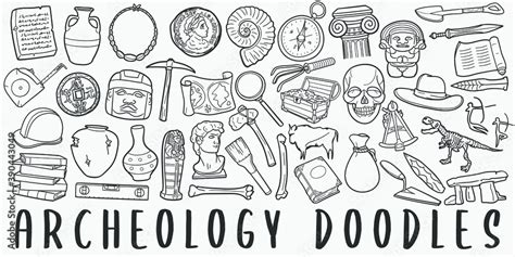 Archeology Doodle Icon Set Old Objects Vector Illustration Collection