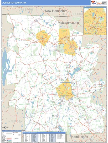 Worcester County Massachusetts Zip Code Wall Map