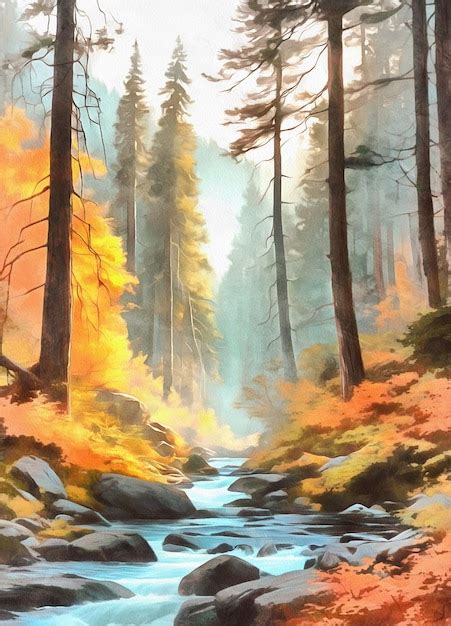 Premium Photo Abstract Autumn Forest And Streaming River Watercolor