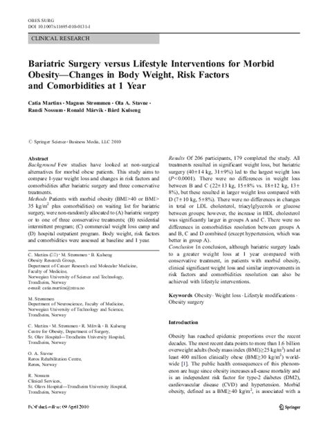 Pdf Bariatric Surgery Versus Lifestyle Interventions For Morbid