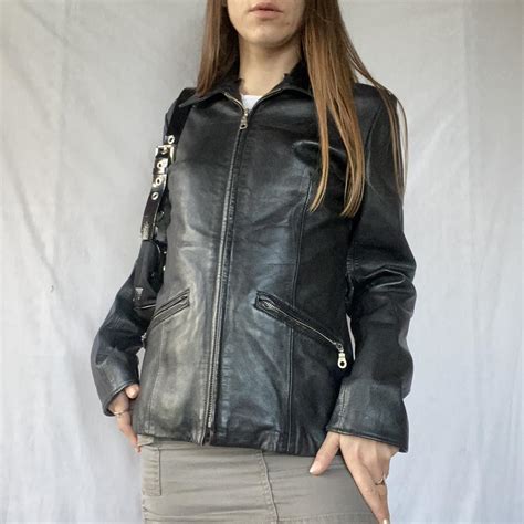 Vintage Y2k Black Leather Motorcycle Jacket Such Depop