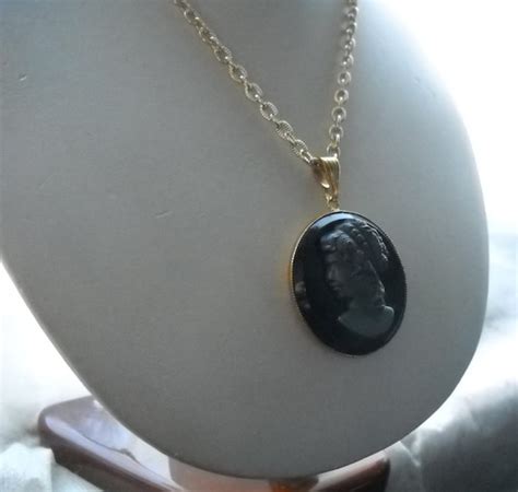 1960s Victorian Lady Cameo Necklace Cameo Blackgris Gem