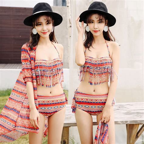 Womens Premium Retro Tassels Knitted Bohemian Bikini Set Swimsuit