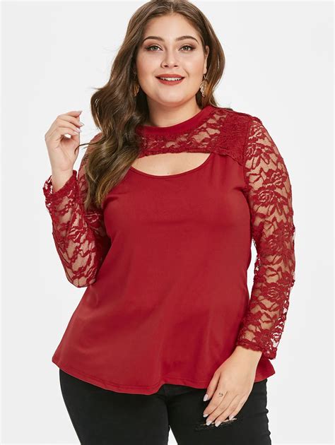 Wipalo Plus Size Women Fashion Sheer Lace Sleeve Cut Out T Shirt New