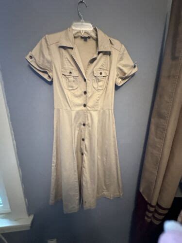 VTG Dress Barn Womens Sz 4 Safari Style Dress Beige Brassy Buttons A