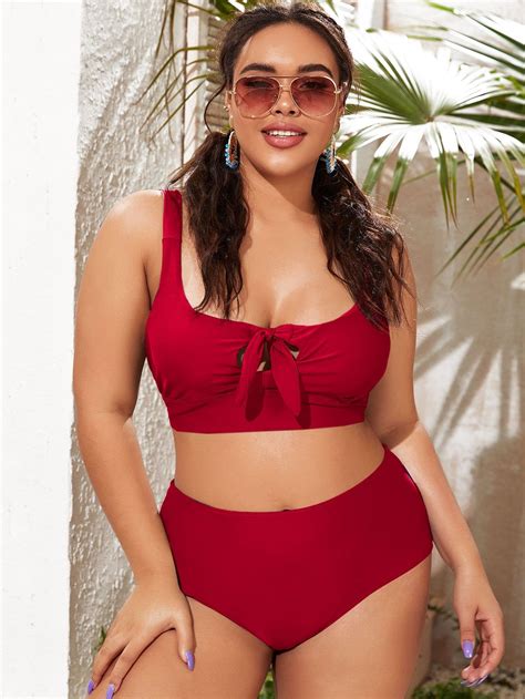 Red Casual Polyester Plain High Stretch Plus Size Beachwear Curvy