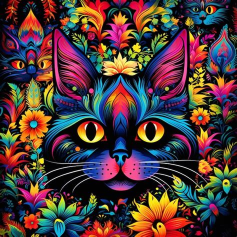 Premium AI Image | Cat wallpaper textile pattern psychedelic animal ...