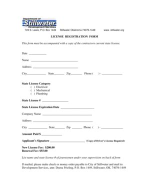 Fillable Online Stillwater License Registration Form Doc Stillwater