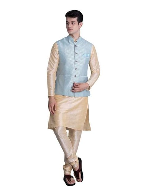 Buy Ethluxis Mens Golden And Cyan Silk Blend Kurta Pyjama With Nehru